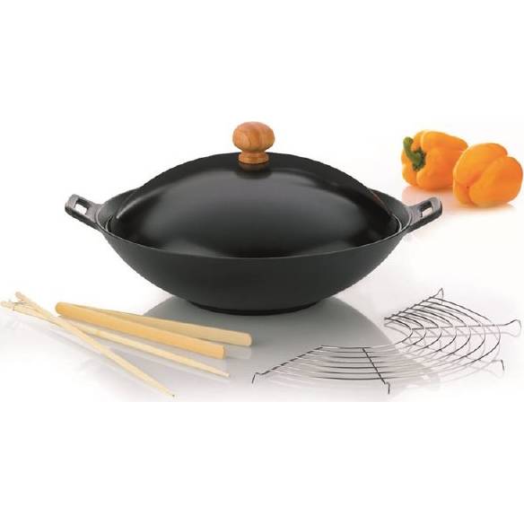 WOK 36cm készlet CLASSIC 5 darab öntöttvas, fém, rozsdamentes acél, fa