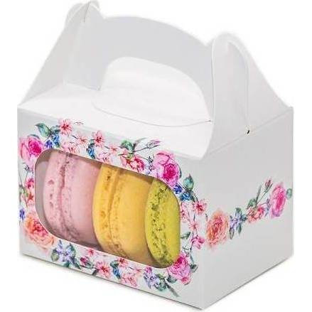 Esküvői macaron doboz fehér virággal (8 x 5,7 x 5,7 cm) K12-2089-01